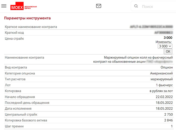 Параметры опциона на фьючерс акций