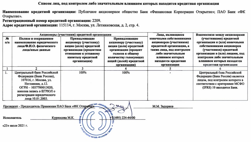 Единственный акционер ФК «Открытие» 